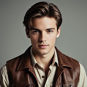 Portrait of Young Man in Brown Leather Vest and Beige Shirt