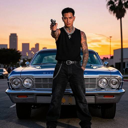 Tattooed Man with Revolver Standing by Classic Vintage Car at Sunset