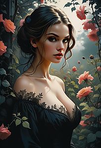 Elegant Woman in Black Lace Dress Among Pink Flowers Digital Portrait
