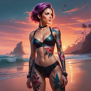 Confident Young Woman on Beach at Sunset