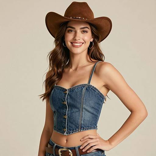 Young Woman in Denim Crop Top and Cowboy Hat Fashion Portrait
