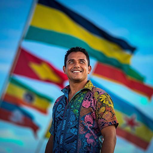 Man in Colorful Shirt with Vibrant International Flags Background