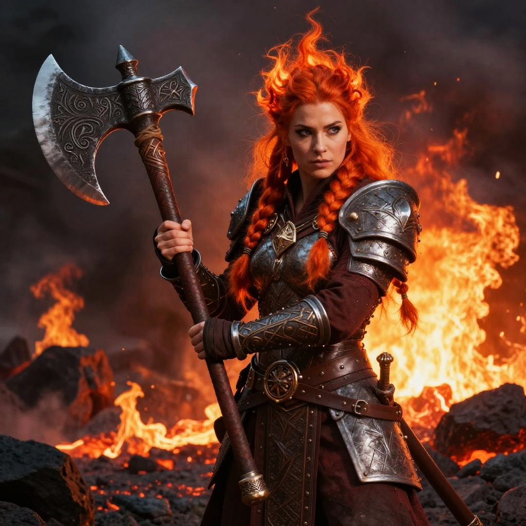 Fiery Red-Haired Warrior Woman in Viking-Style Armor Holding Battle Axe