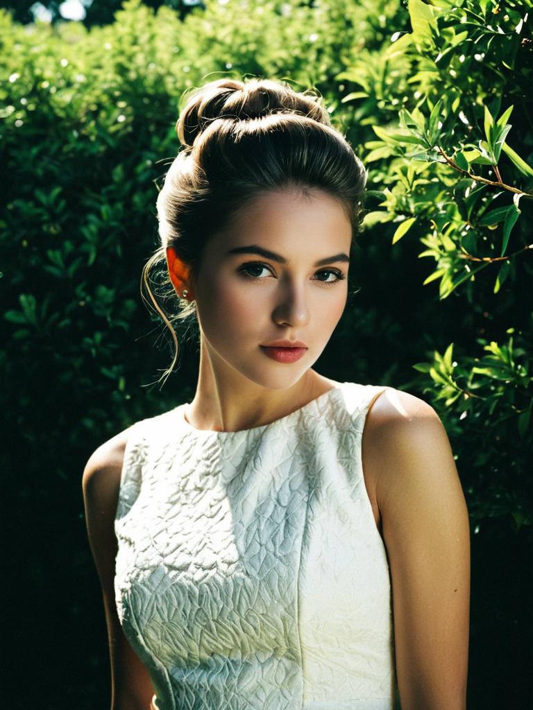 Elegant Woman in White Dress Portrait with Lush Green Background