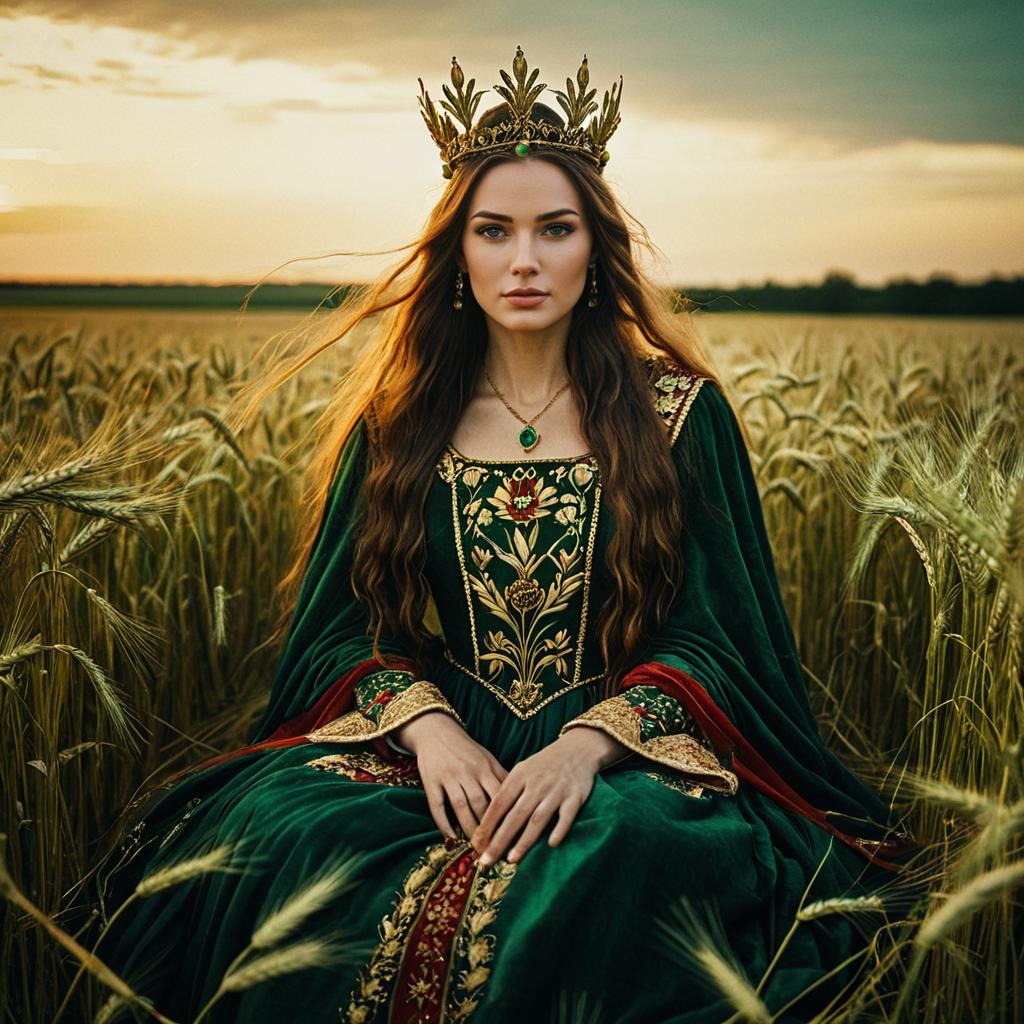 Medieval Queen in Green Embroidered Gown Sitting in Wheat Field at Sunset