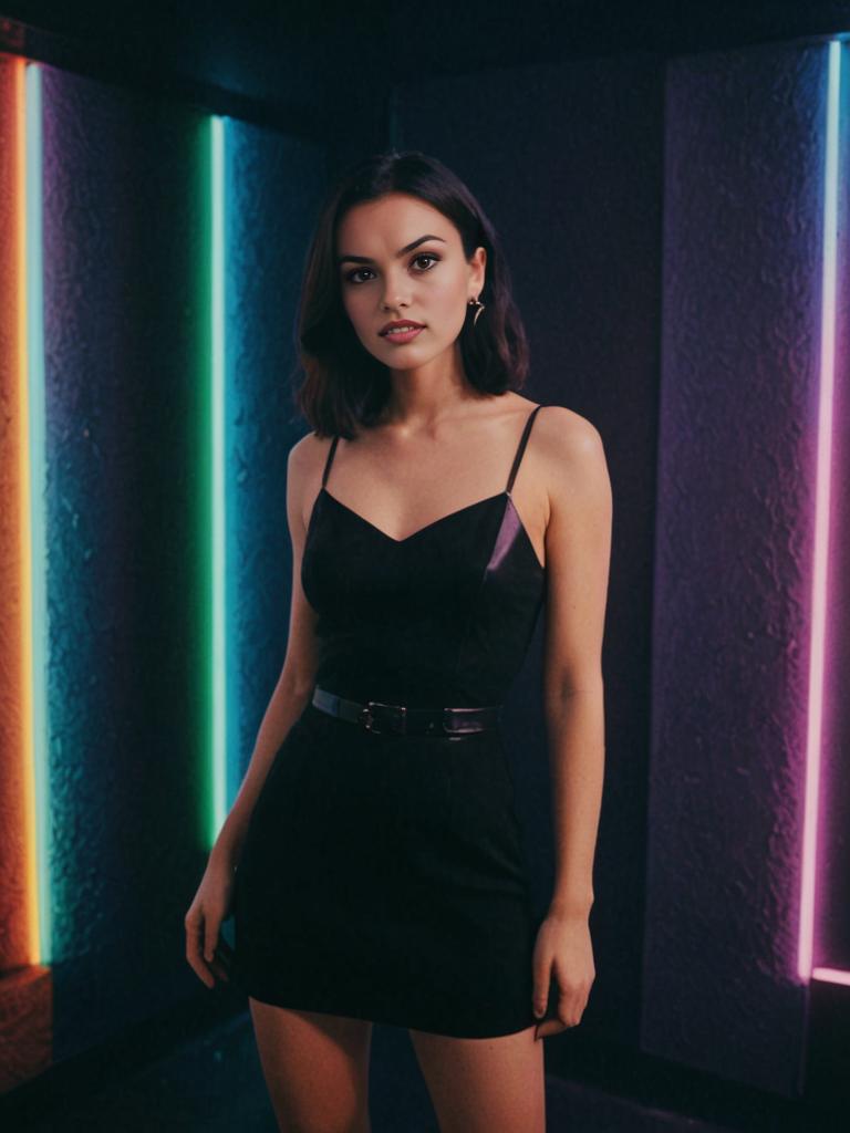 Elegant Woman in Chic Black Mini Dress with Neon Lights