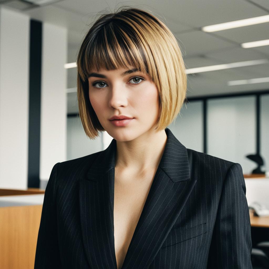 Professional Young Woman in Black Pinstripe Blazer with Blonde Bob Haircut in Office