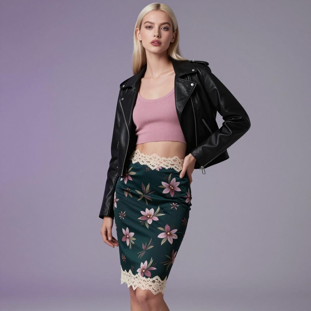 Trendy Gen Z Woman in Leather Jacket and Floral Skirt Fashion