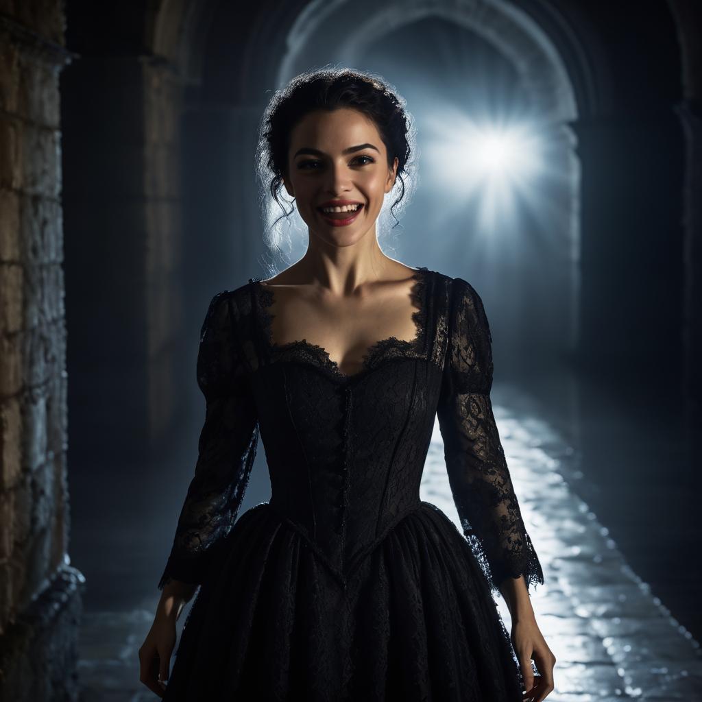 Elegant Woman in Black Lace Gown in Gothic Corridor