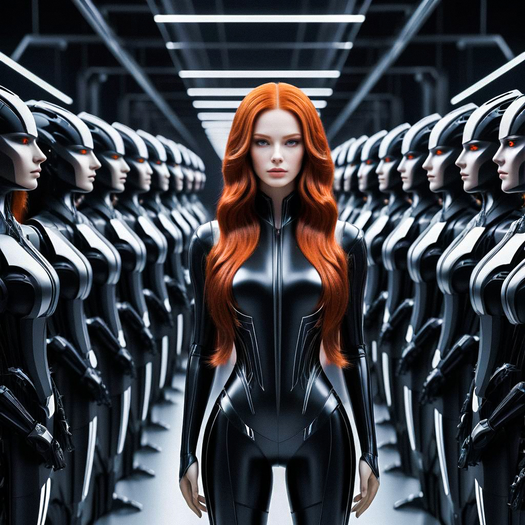 Woman with Red Hair Among Futuristic Robots