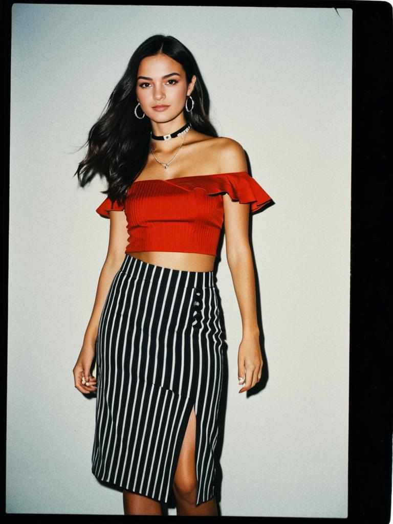 Woman Wearing Casual Red Off-the-Shoulder Cropped Top and Striped Skirt