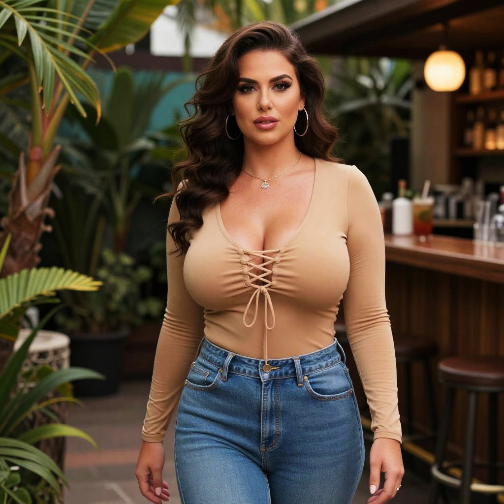 Woman Wearing Tan Long Sleeve Lace-Up Top with Blue High-Waisted Jeans