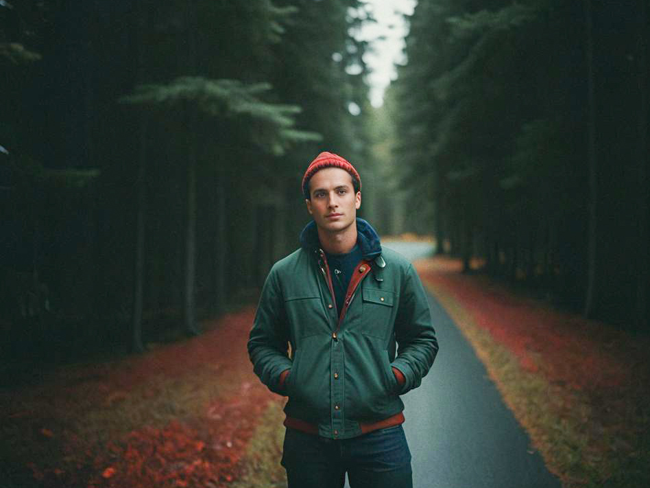 Confident Young Man in Autumn Forest