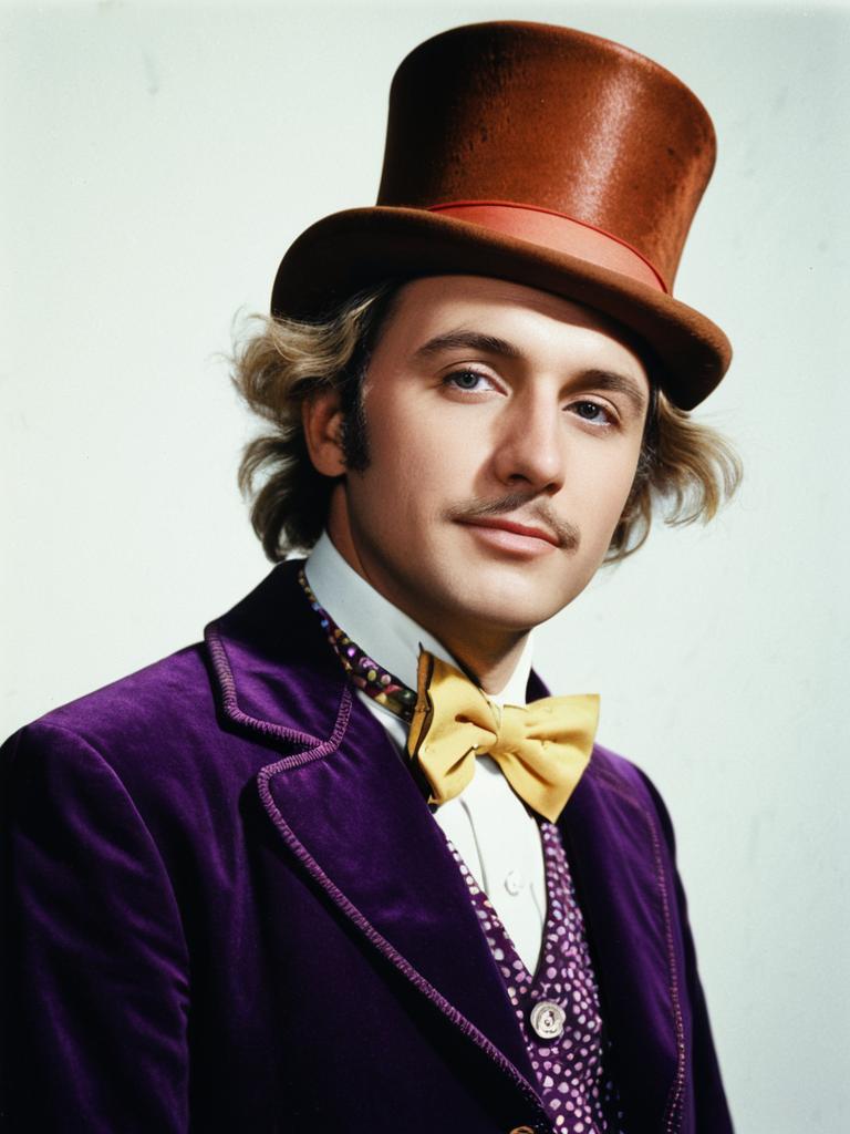 Photorealistic Portrait of Man in Willy Wonka Costume Studio Cinematic