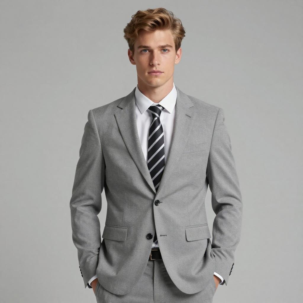 Young Man in Modern Light Grey Suit with Striped Tie