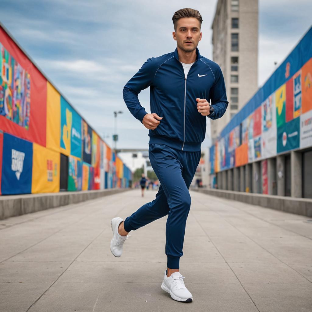 Man Jogging in Stylish Blue Tracksuit with Graffiti Backdrop