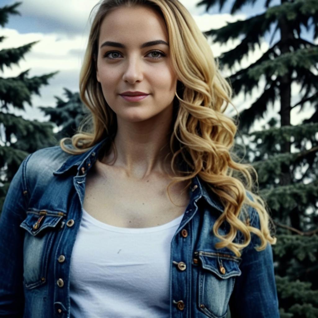 Confident Woman in Denim Jacket Amidst Evergreen Trees