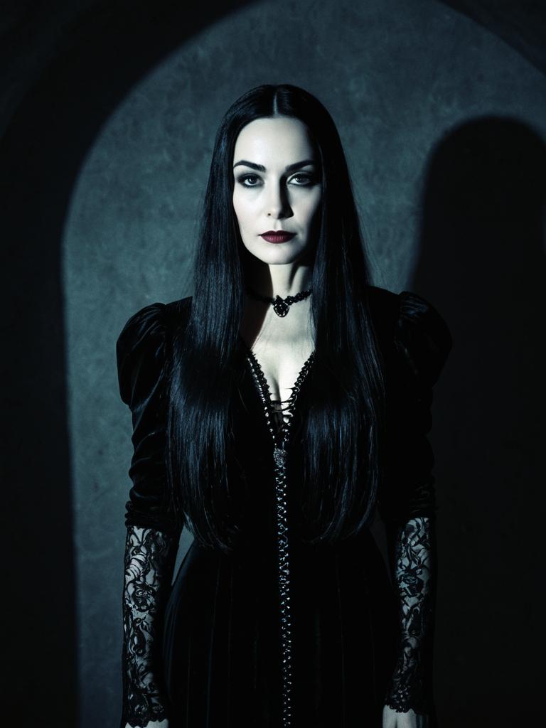 Woman in Morticia Addams Costume Gothic Portrait