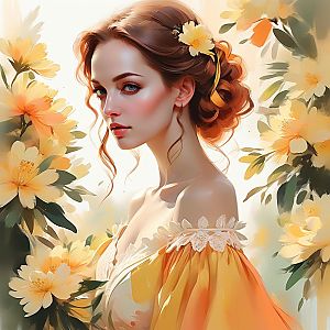 Young Woman with Auburn Hair in Elegant Updo Surrounded by Yellow Flowers