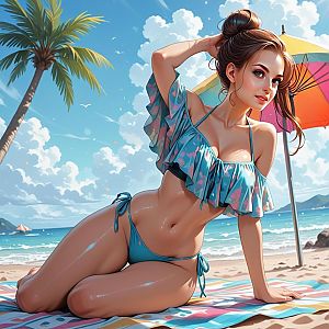 Young Woman in Blue Bikini on Beach Towel
