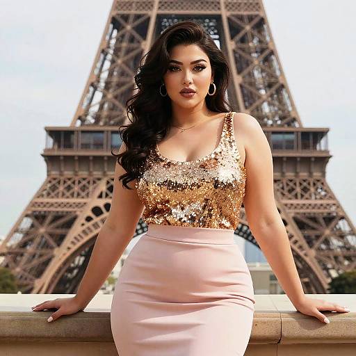 Glamorous Woman in Gold Sequined Top and Pink Skirt Posing by Eiffel Tower