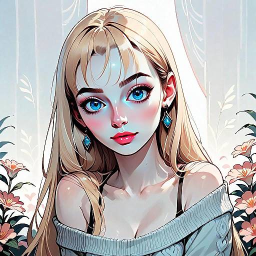 Digital Anime-Style Portrait of Blonde Woman with Blue Eyes and Floral Background
