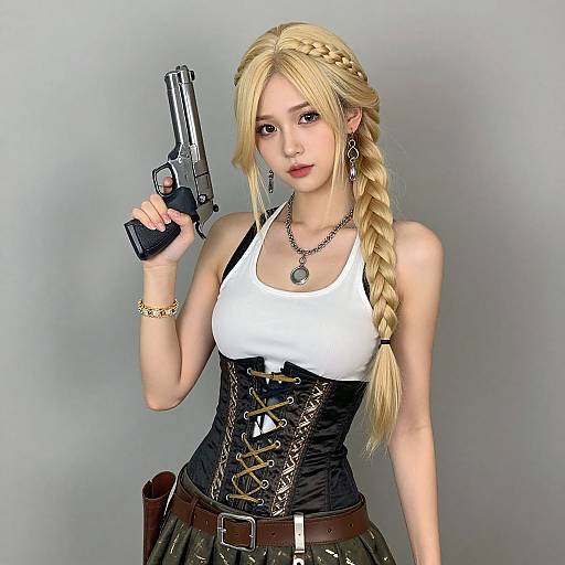Blonde Woman Holding Handgun in Black Corset and White Tank Top