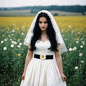 Young Woman in Vintage Dress in Flower Field