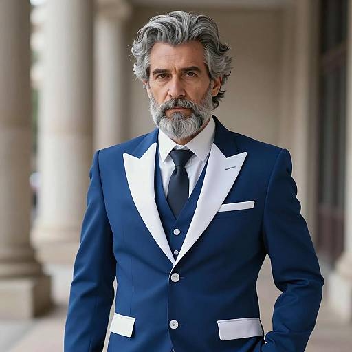 Stylish Middle-Aged Man in Navy Blue and White Formal Tuxedo