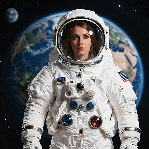 Woman in White Space Suit with Earth in Background - Space Exploration Portrait