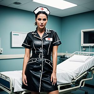 Confident Nurse in Black Leather Uniform
