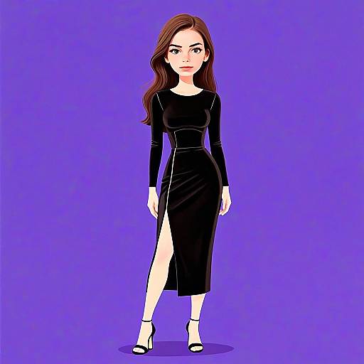 Stylish Woman in Sleek Black Dress with High Slit Illustration