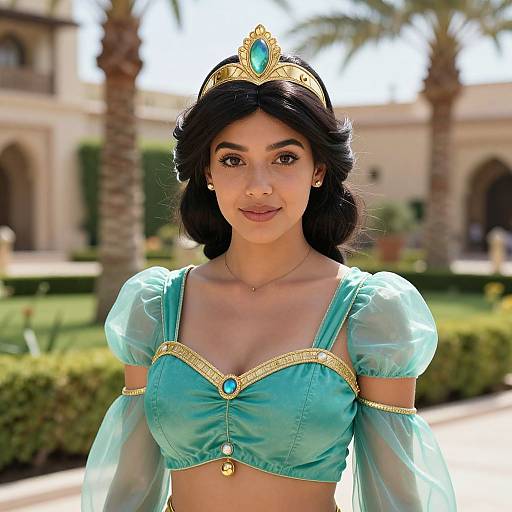 Young Woman in Turquoise Princess Costume Outdoor Portrait
