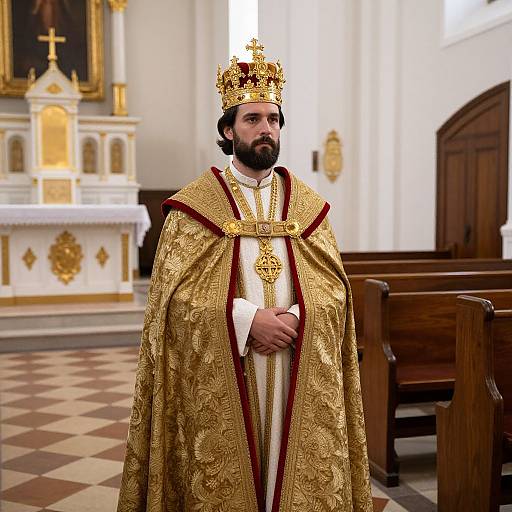 Man in Ornate Golden King Costume with Crown in Church Interior