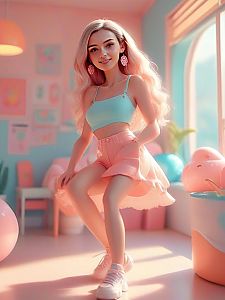 Young woman in pastel room with stylish outfit