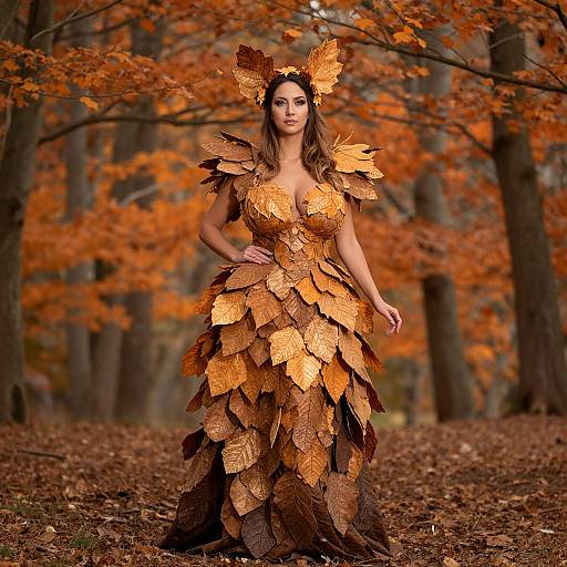 Autumn Leaf Dress Woman in Forest with Fall Foliage