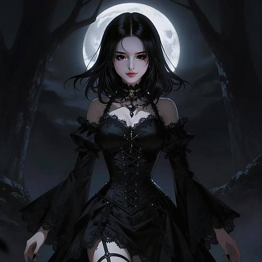 Gothic Woman in Black Dress with Full Moon Background
