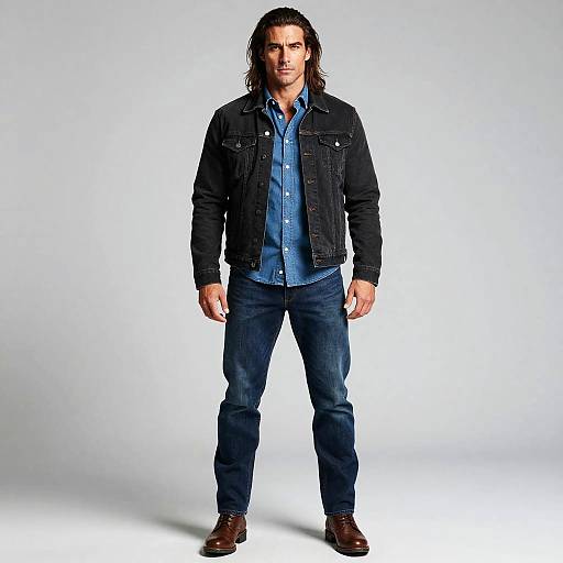 Man Wearing Stylish Black Denim Jacket and Blue Jeans Casual Outfit