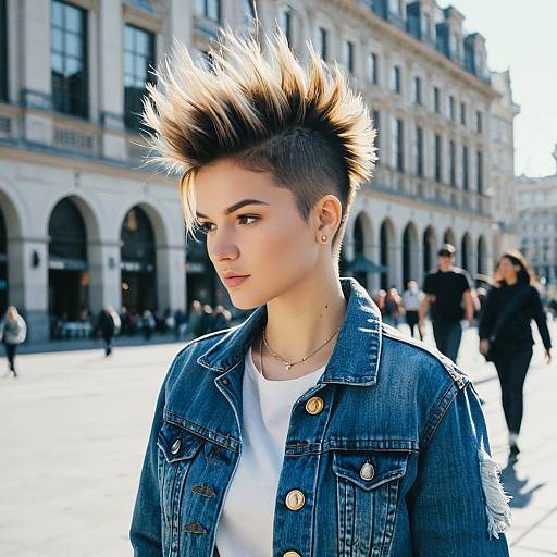 Urban Portrait of Woman with Blonde Mohawk and Denim Jacket