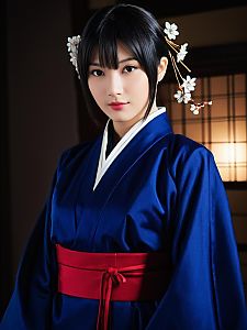 Realistic Hanabi Hyuga Cosplay Woman in Blue Kimono with Floral Hair Accessories