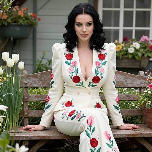 Woman in White Floral Embroidered Pantsuit Sitting on Garden Bench