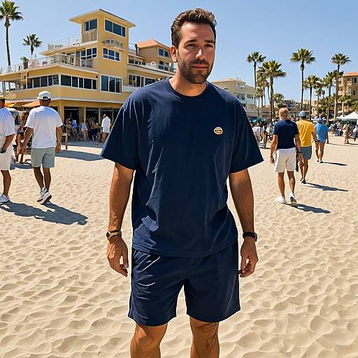 Man in Navy Blue Outfit on Sandy Beach with Palm Trees