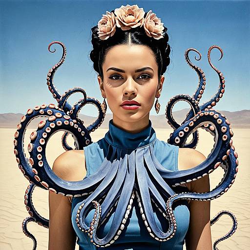 Surreal Portrait of Woman Wearing Octopus Tentacle Fashion in Desert