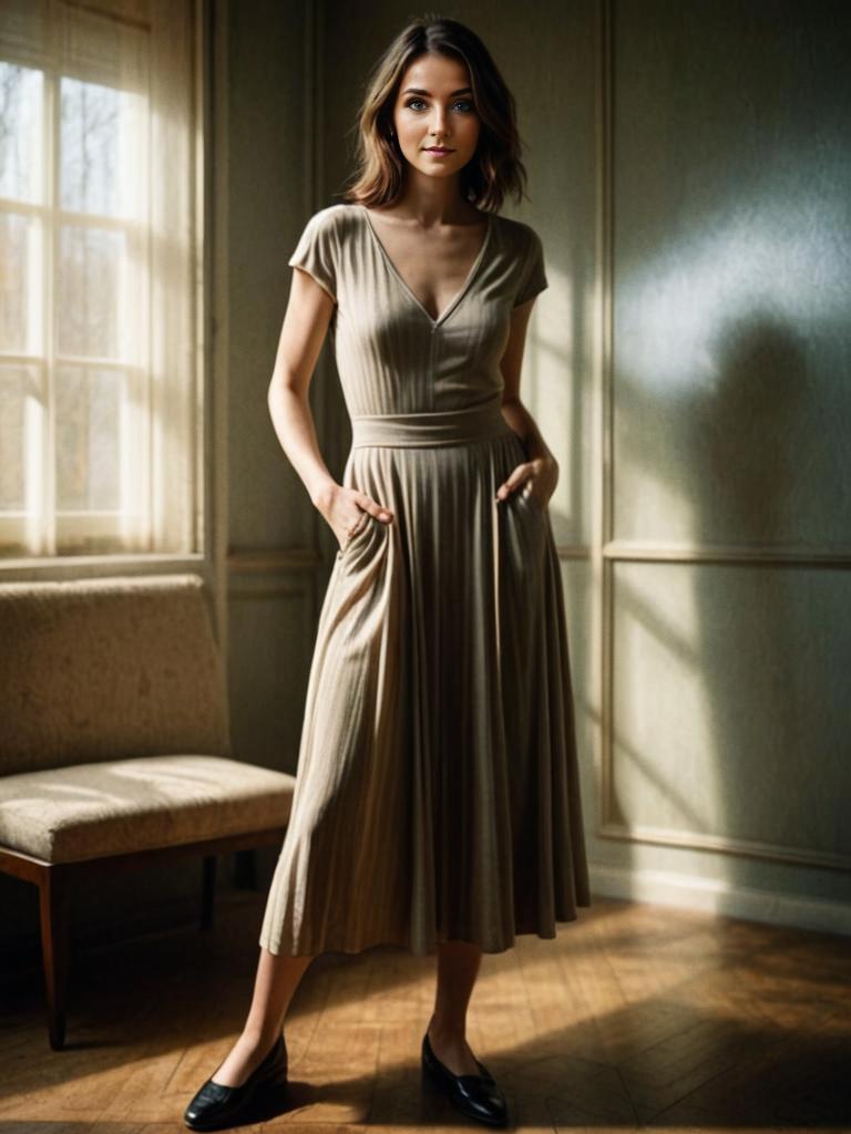 Vintage-style Woman in Sunlit Room