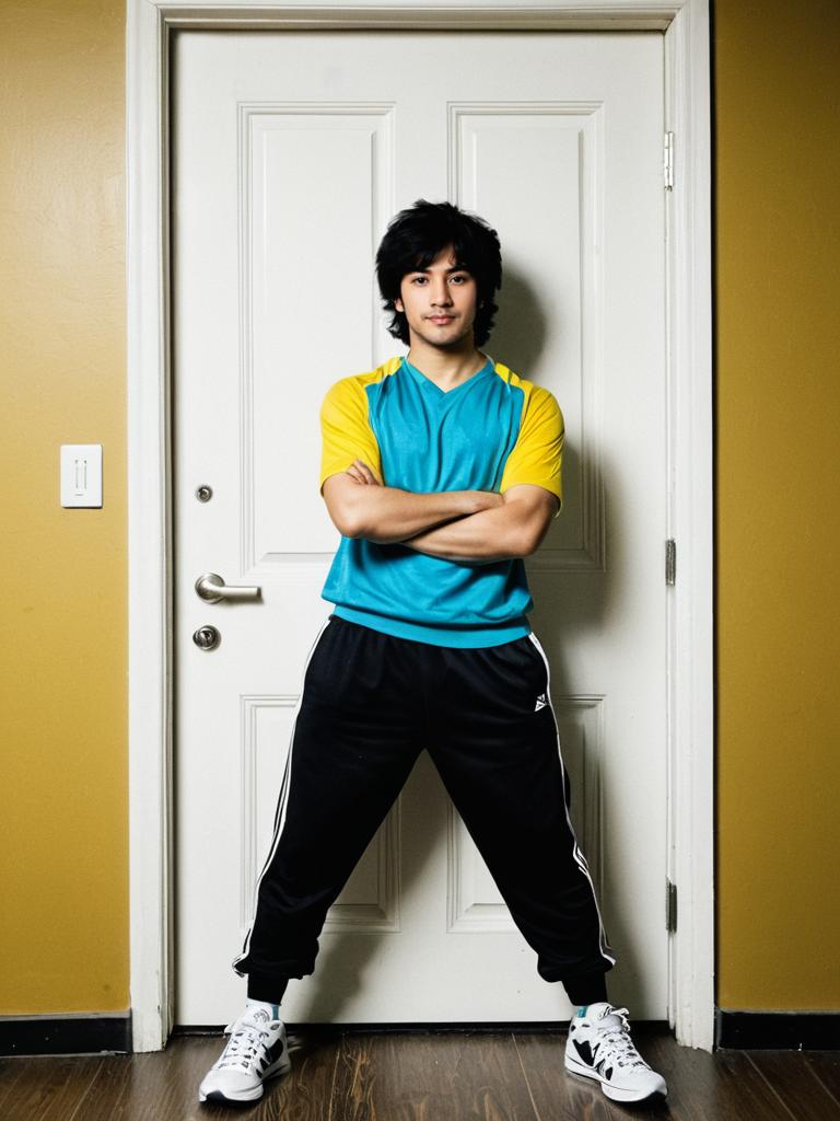 Young Man in Colorful Zumba Costume with Athletic Track Pants and Sneakers