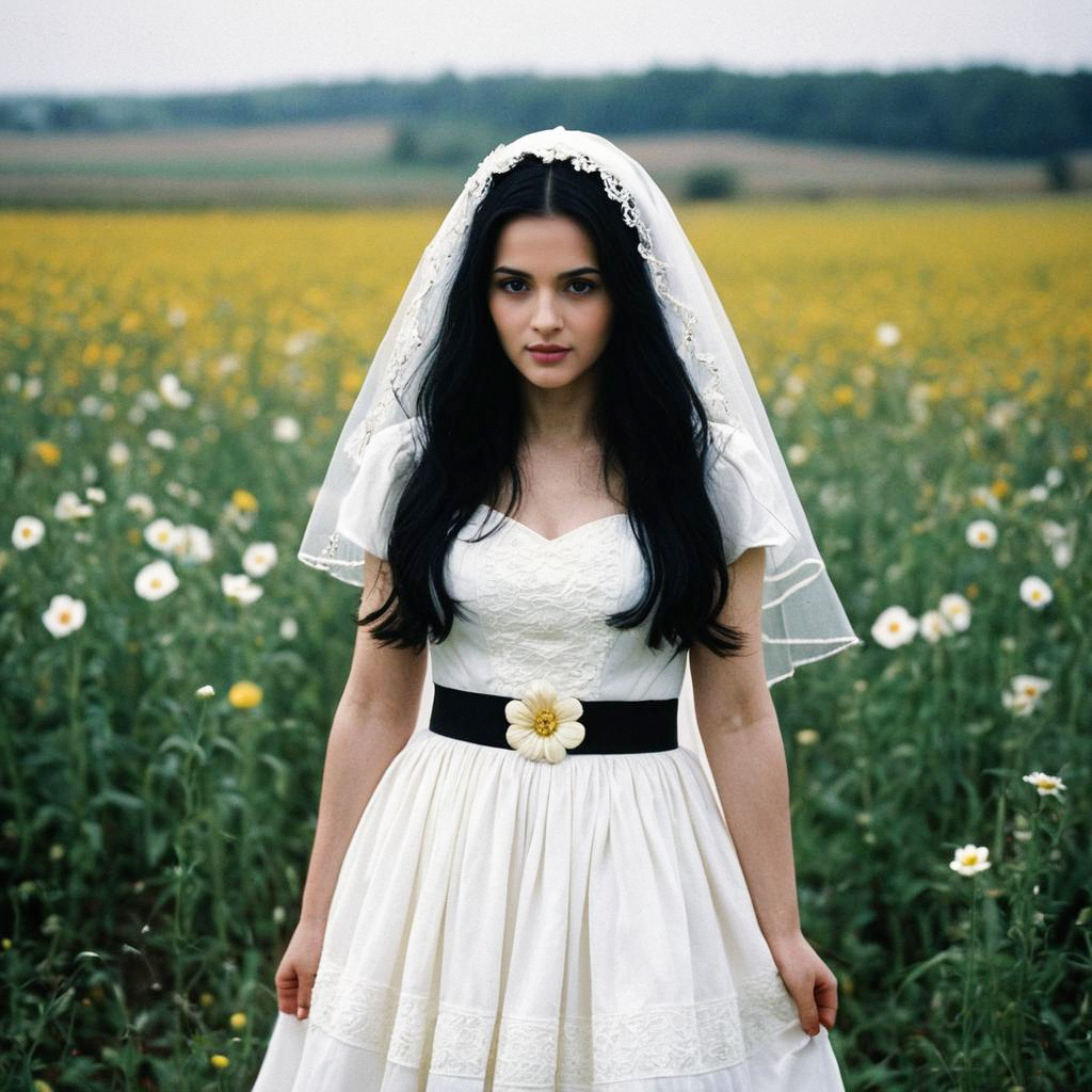 Young Woman in Vintage Dress in Flower Field