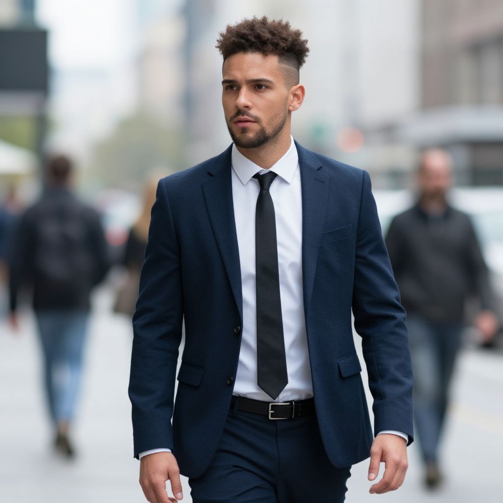 Confident Young Man in Navy Blue Suit Walking on City Street