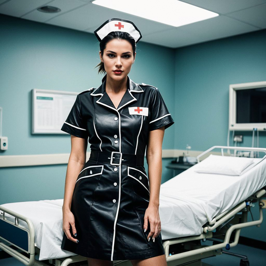 Confident Nurse in Black Leather Uniform