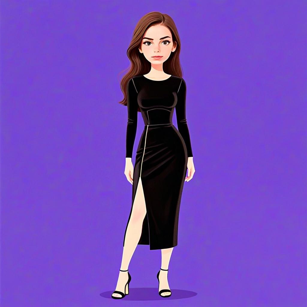 Stylish Woman in Sleek Black Dress with High Slit Illustration