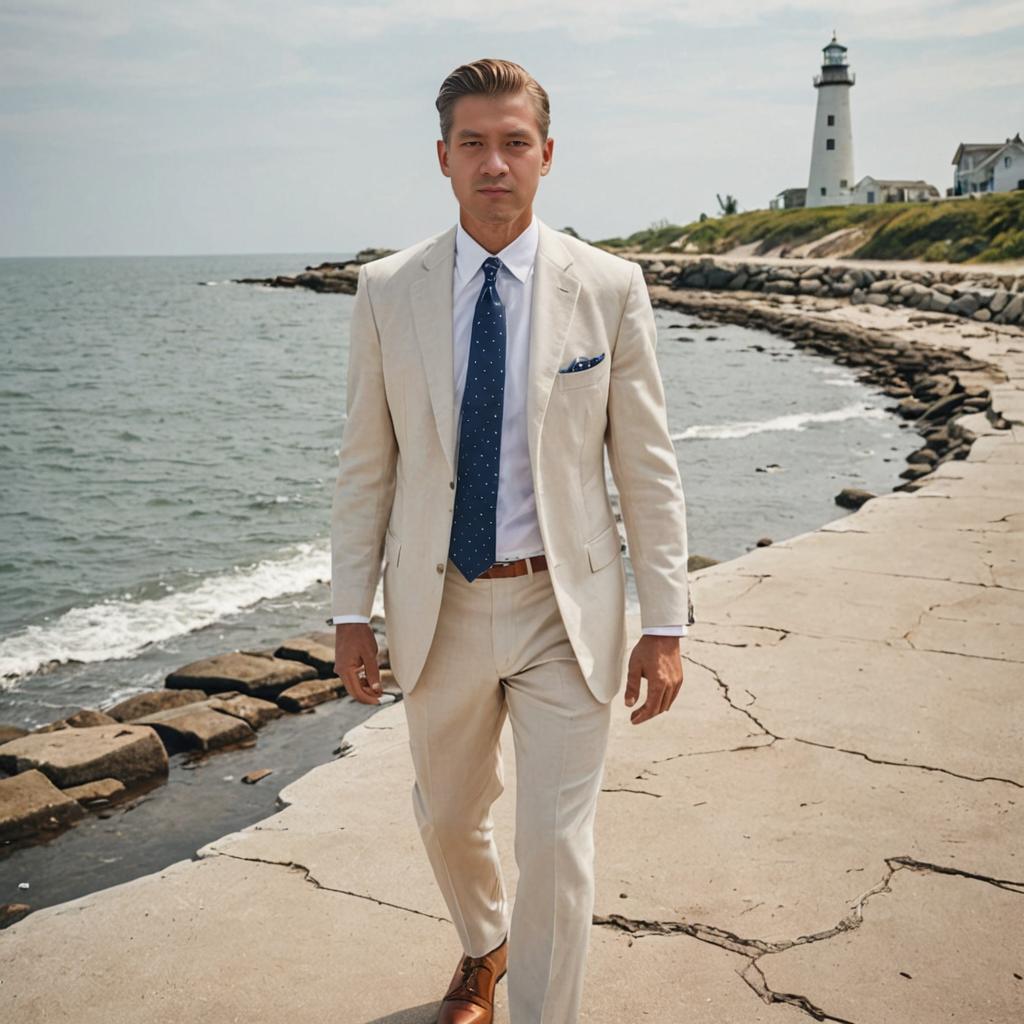 Man in White Suit Walking by Lighthouse